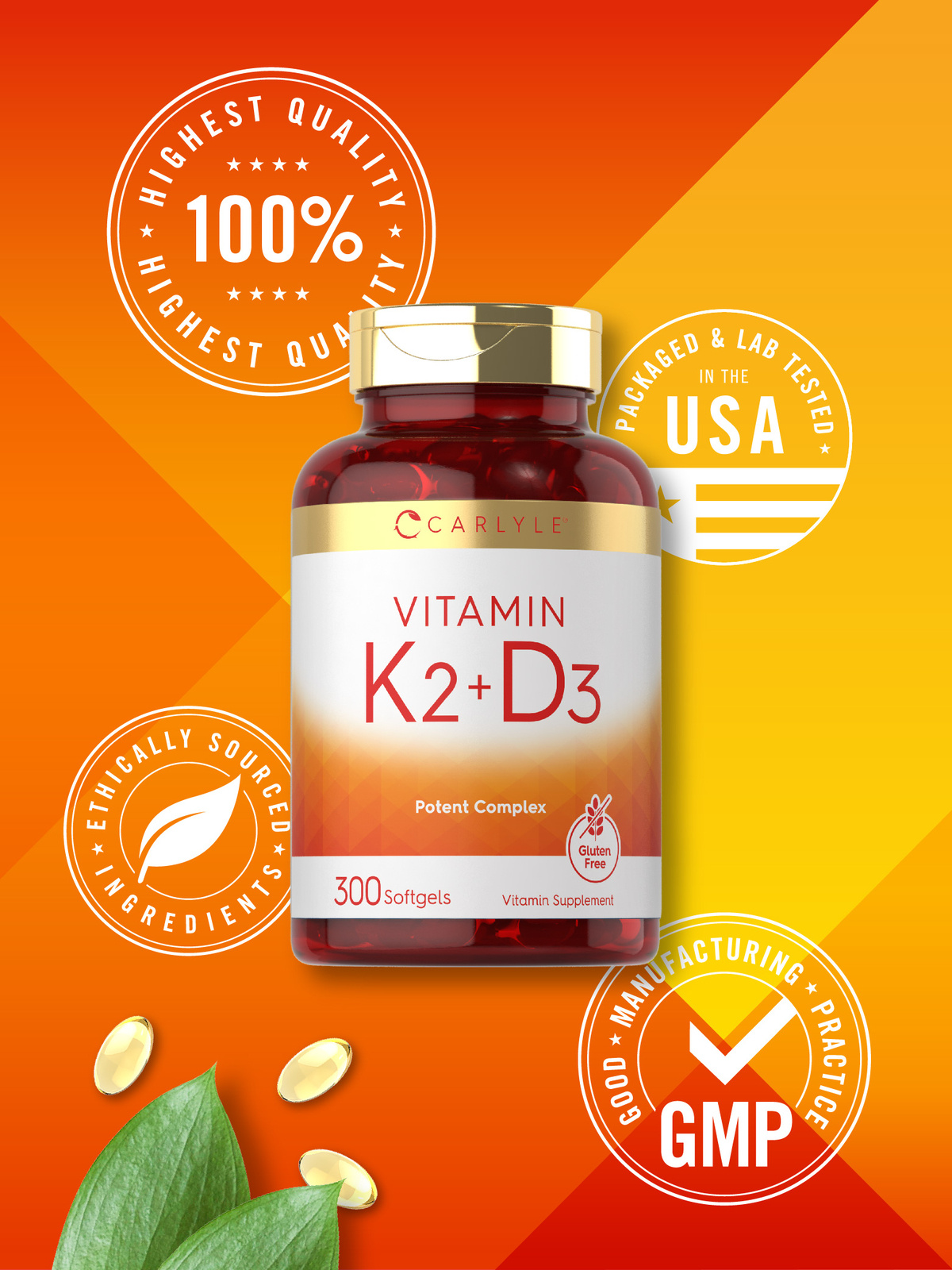 Vitamin K2 D3 Supplement | 300 Softgels | 200mcg K2 MK7 & 250mcg D3 | by Carlyle