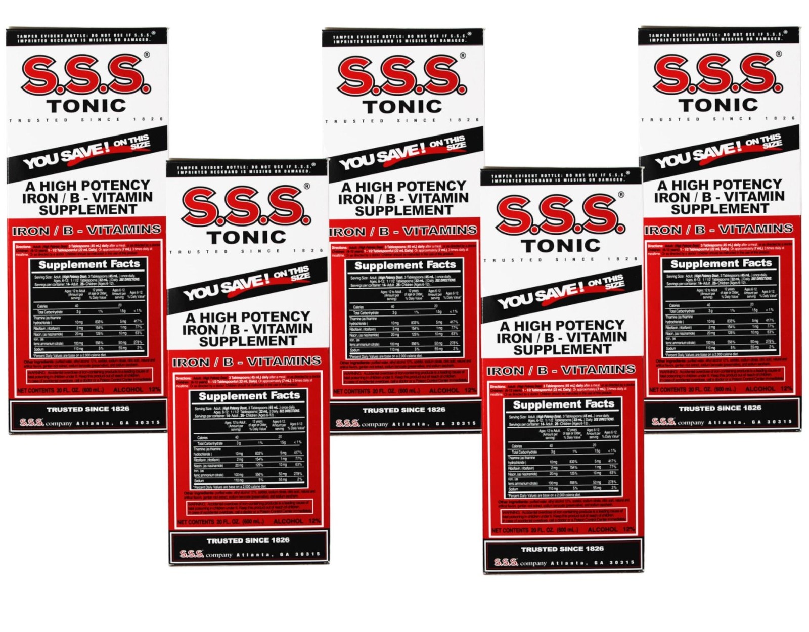 S.S.S. Tonic Liquid a High Potency Iron/ B-Vitamin Supplement 20 Fl Oz Pack of 5