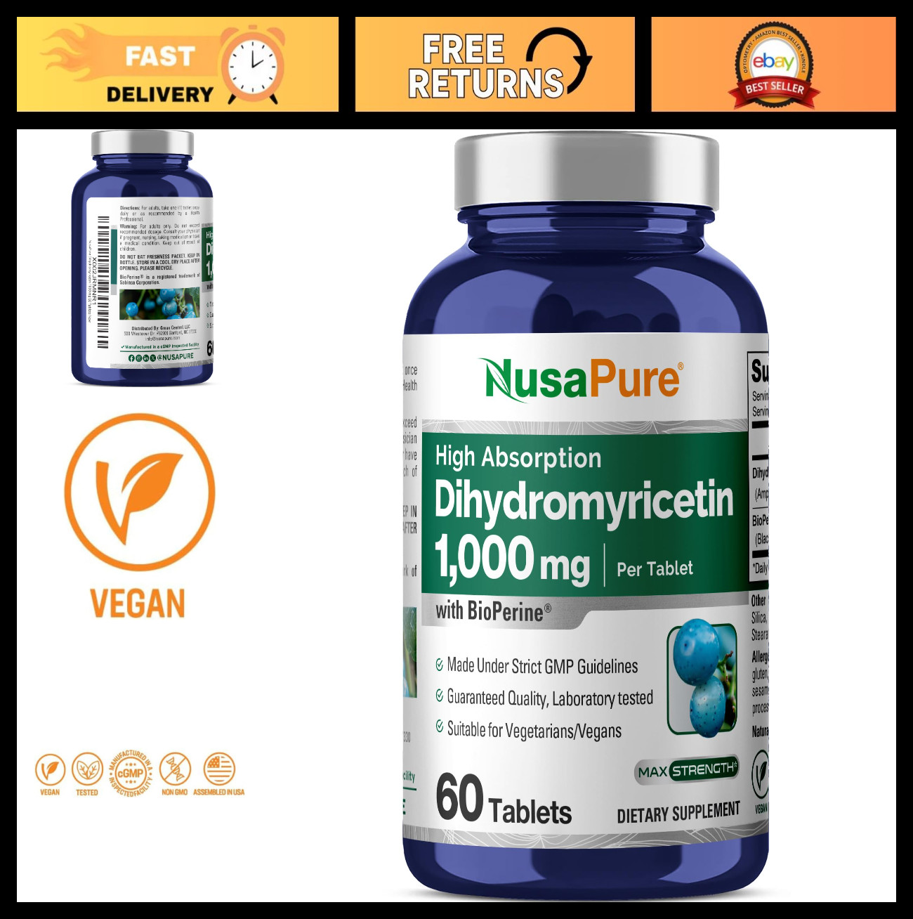 Dihydromyricetin (DHM) 1000mg – 60 Veggie Tablets, Non-GMO, 100% Vegetarian Supp
