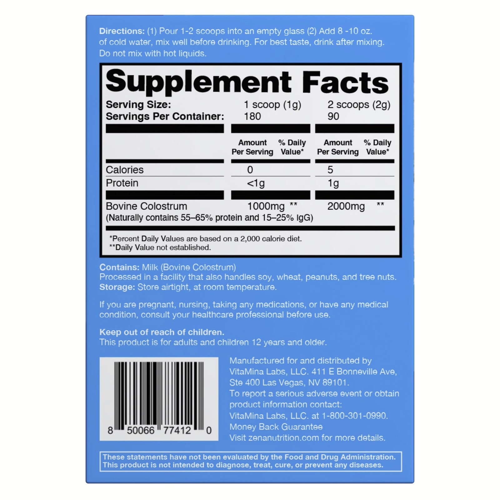 Zena Nutrition Pure Colostrum 6.34 Oz, 90 Servings (2000mg per Serving)