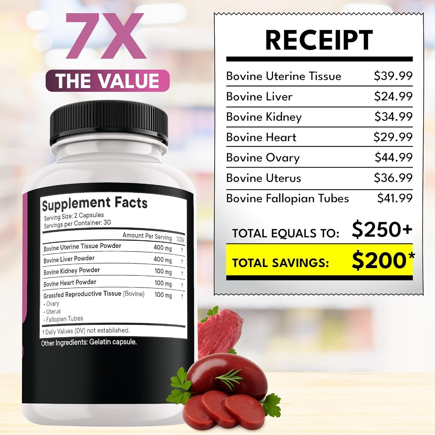3PK Beef Organ Supplement for Women Supports Hormone Balance, Energy & Cognition