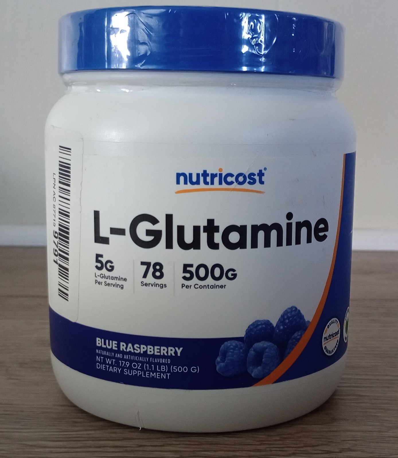 Nutricost L-Glutamine Powder 17.9oz. 500 G Blue Raspberry 78 Servings Exp. 01/28