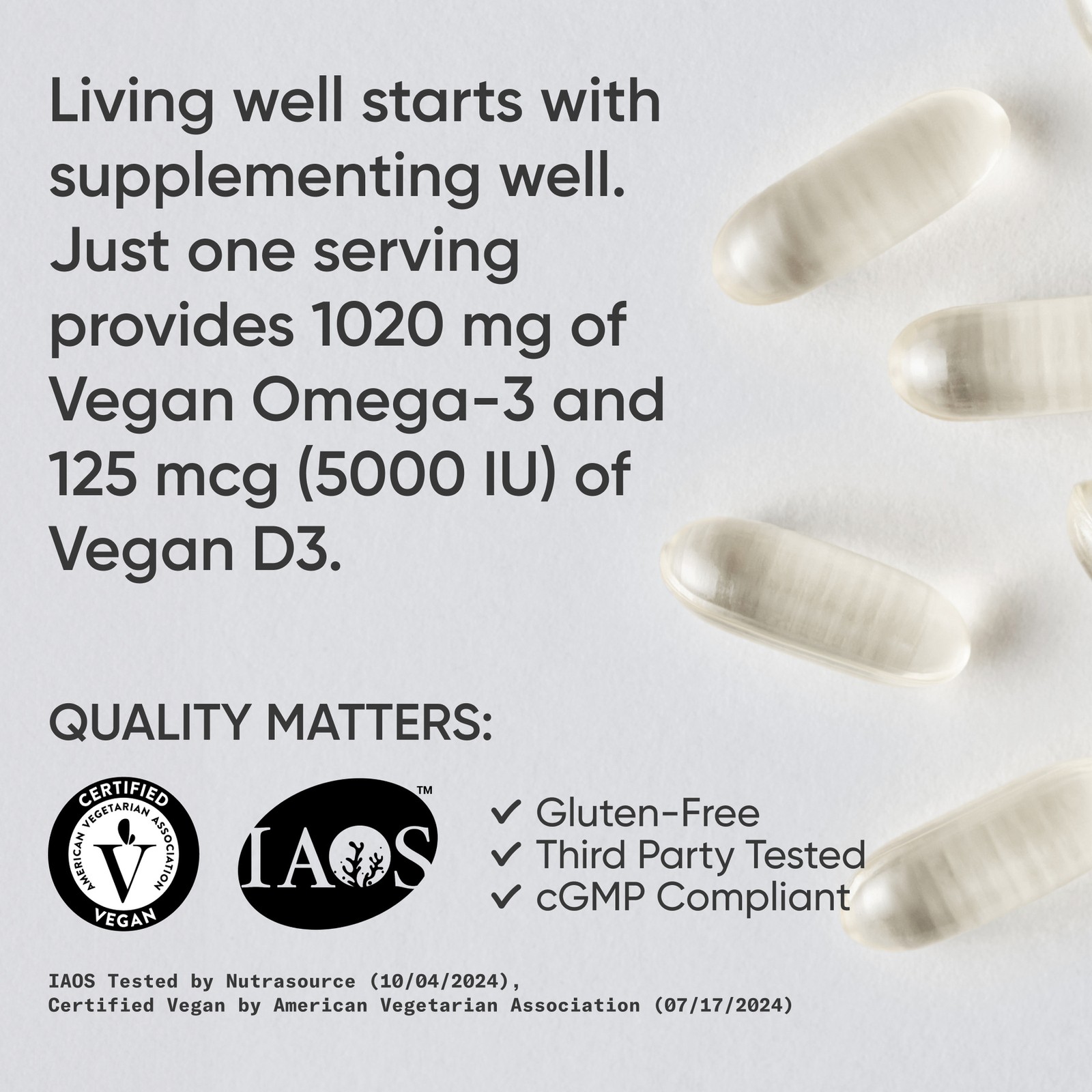 Vegan Omega-3 w/ Vitamin D3 Fish Oil Alternative D Algae Oil 60 Veggie Softgels