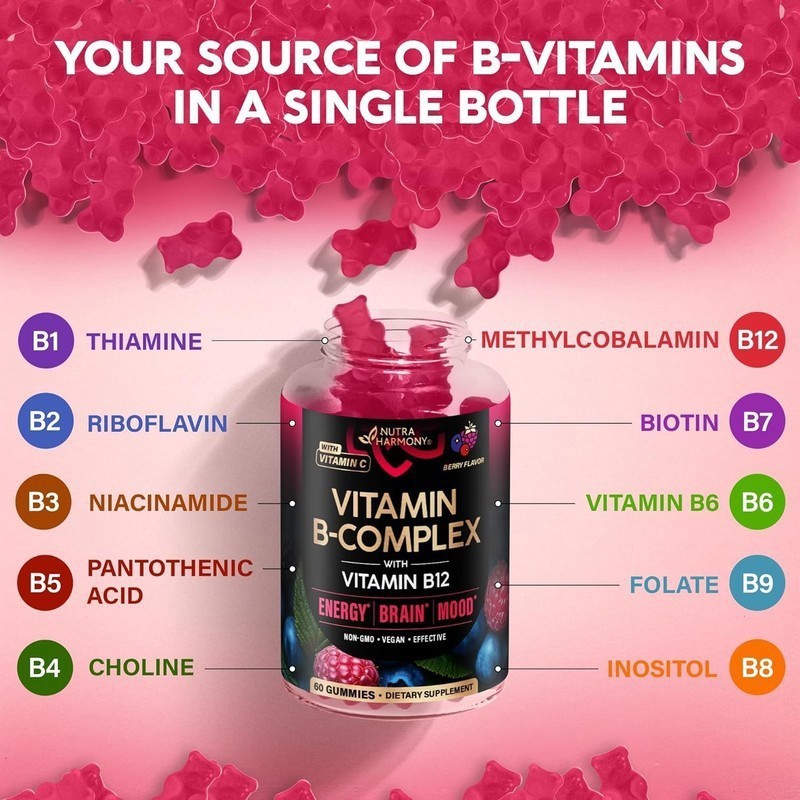 Men Women Enhance Vitality Vitamin B-Complex Gummies with 8 Essential Vitamins