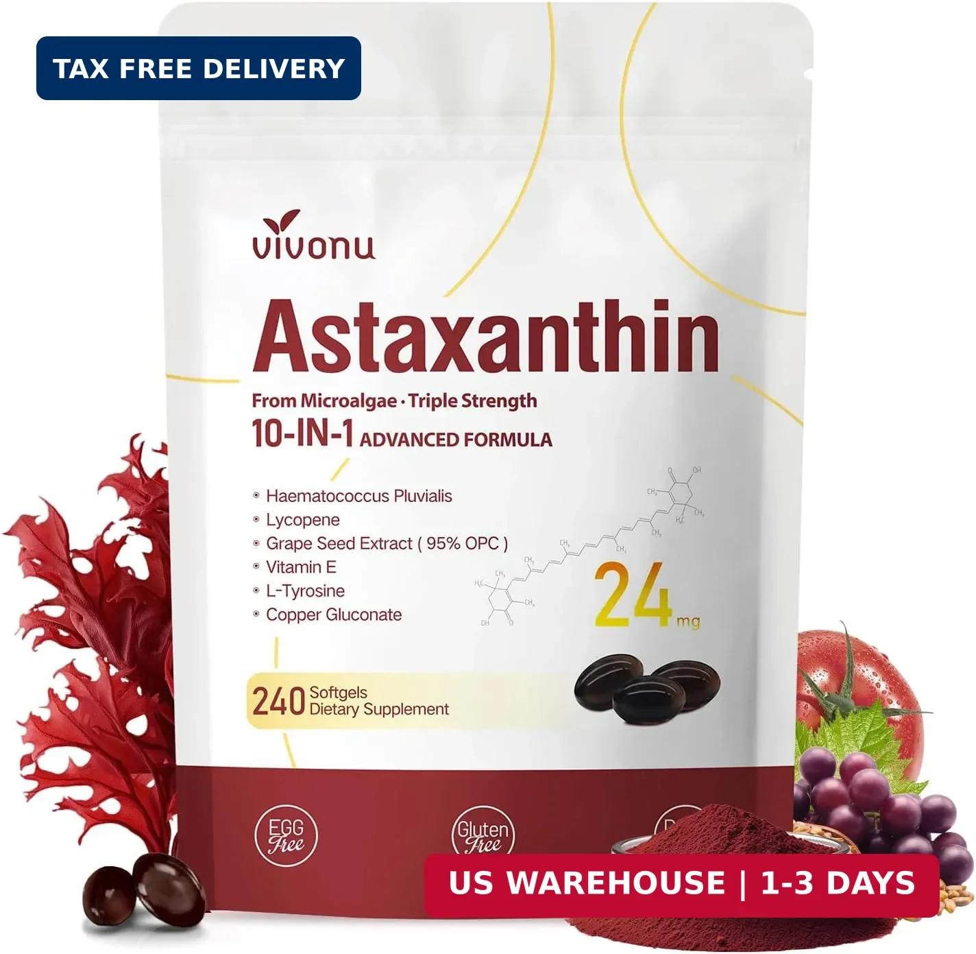 10 in 1 Astaxanthin Supplements 24Mg, 4 Month Supply, Astaxantina Antioxidant fr