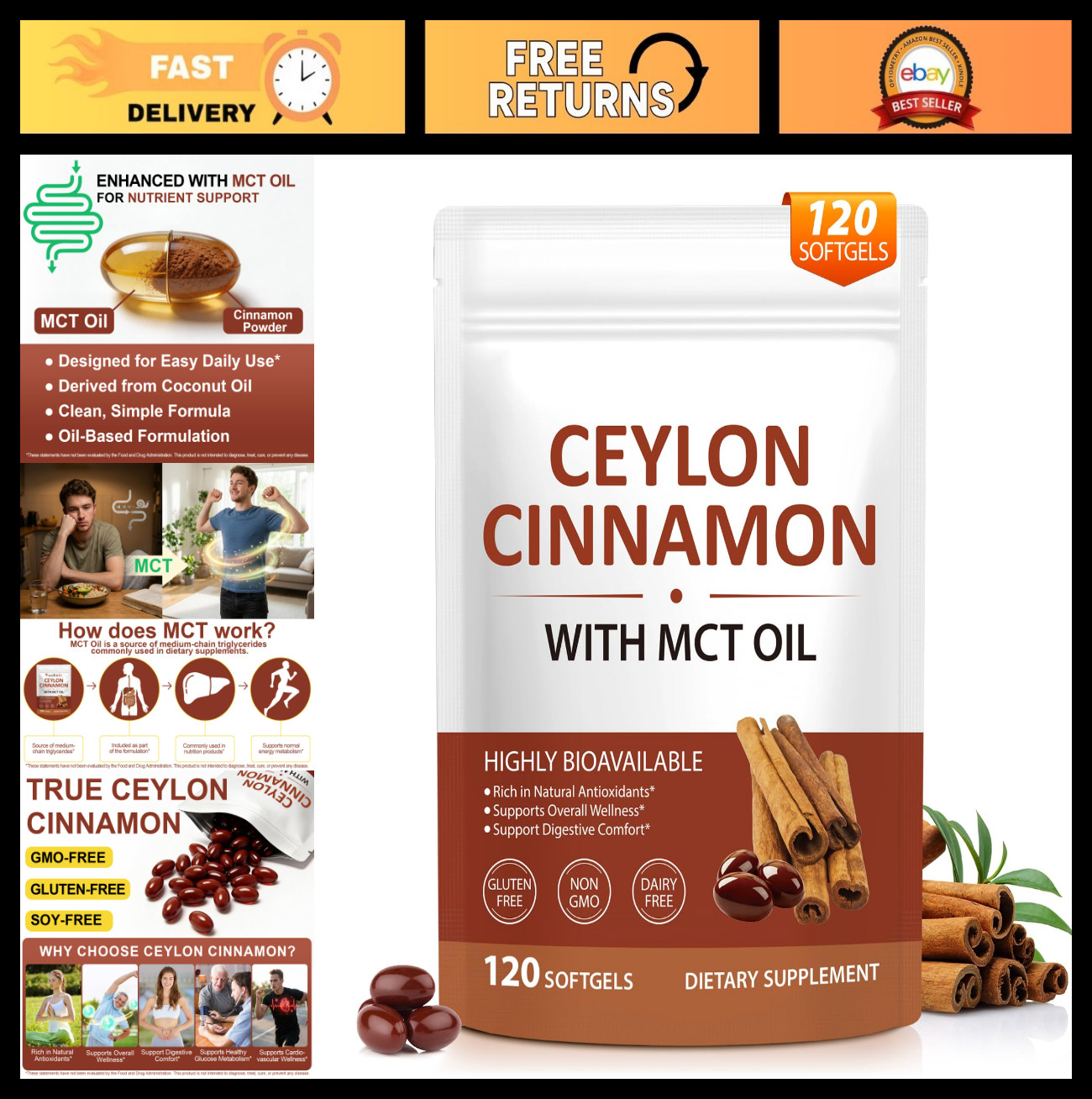 Ceylon Cinnamon Softgels with MCT Oil – 600mg True Cinnamon, Digestive Support,