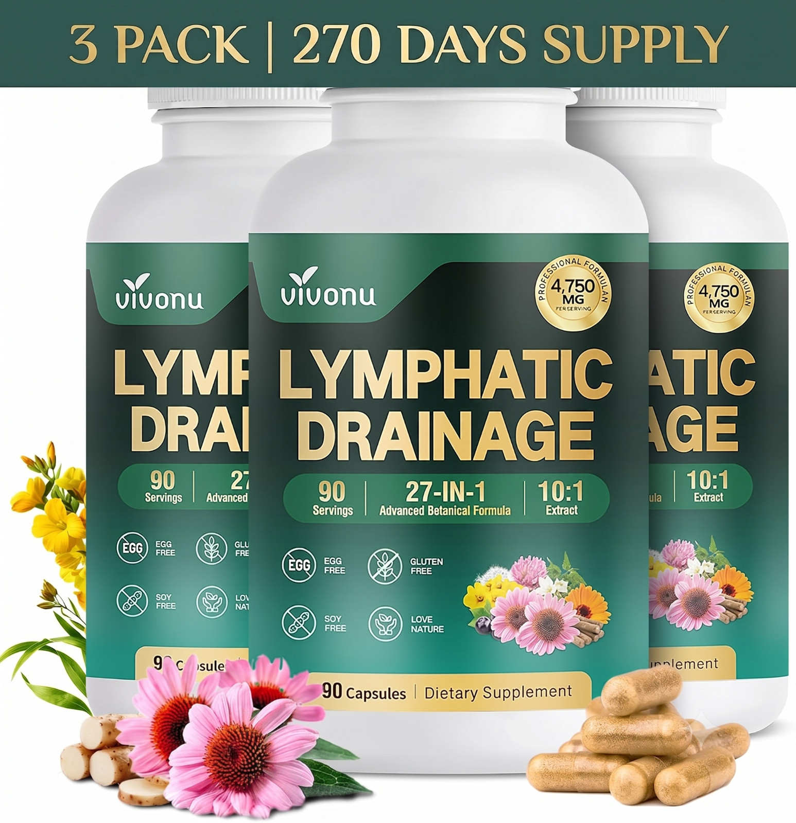 VivoNu 27-in-1 Lymphatic Drainage 3-Pack – 270 Capsules, 9-Month Herbal Support