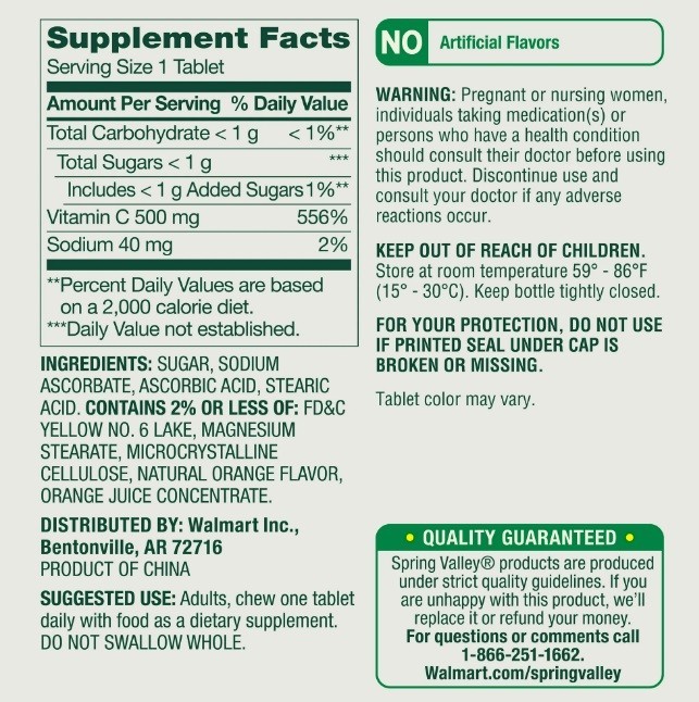 Spring Valley Vitamin C Chewable Tablets Supplement Orange Flavor 500 mg 60 Ct.