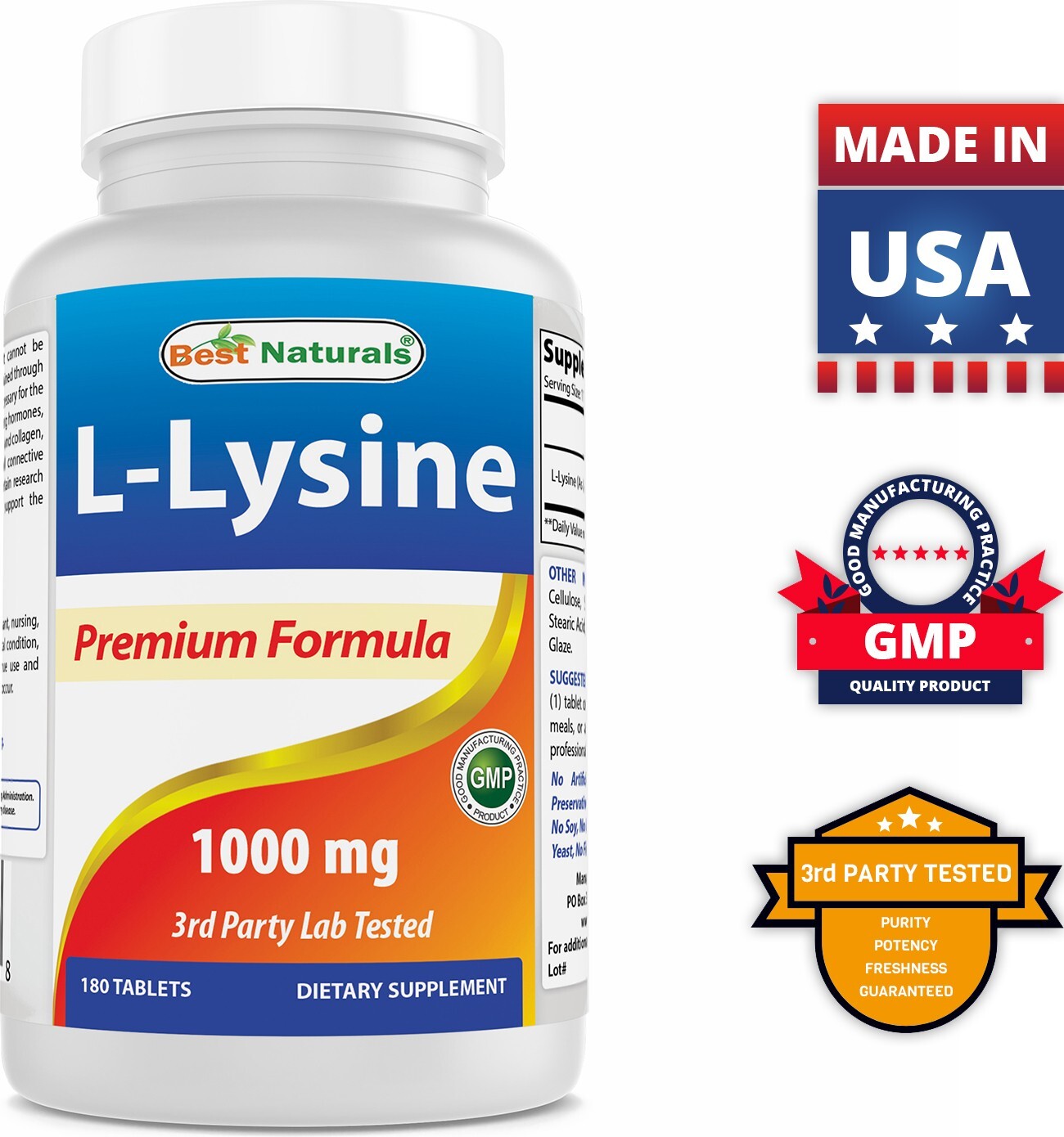 2 Pack Best Naturals L-Lysine 1000 mg 180 Tablets