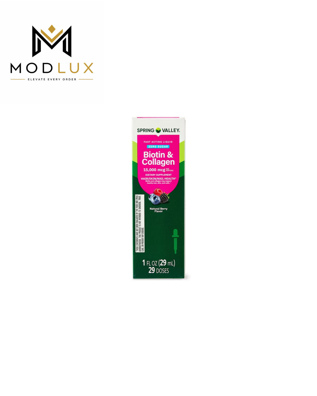 Spring Valley Biotin & Collagen Liquid, 1 fl oz, 15000 Mcg, Natural Berry Flavor