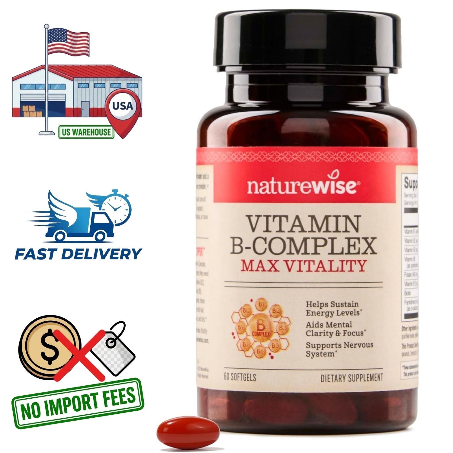 Complejo de Vitamina B con Folato Biotina B1 B2 B3 B6 B12 – 60 Cápsulas Blandas