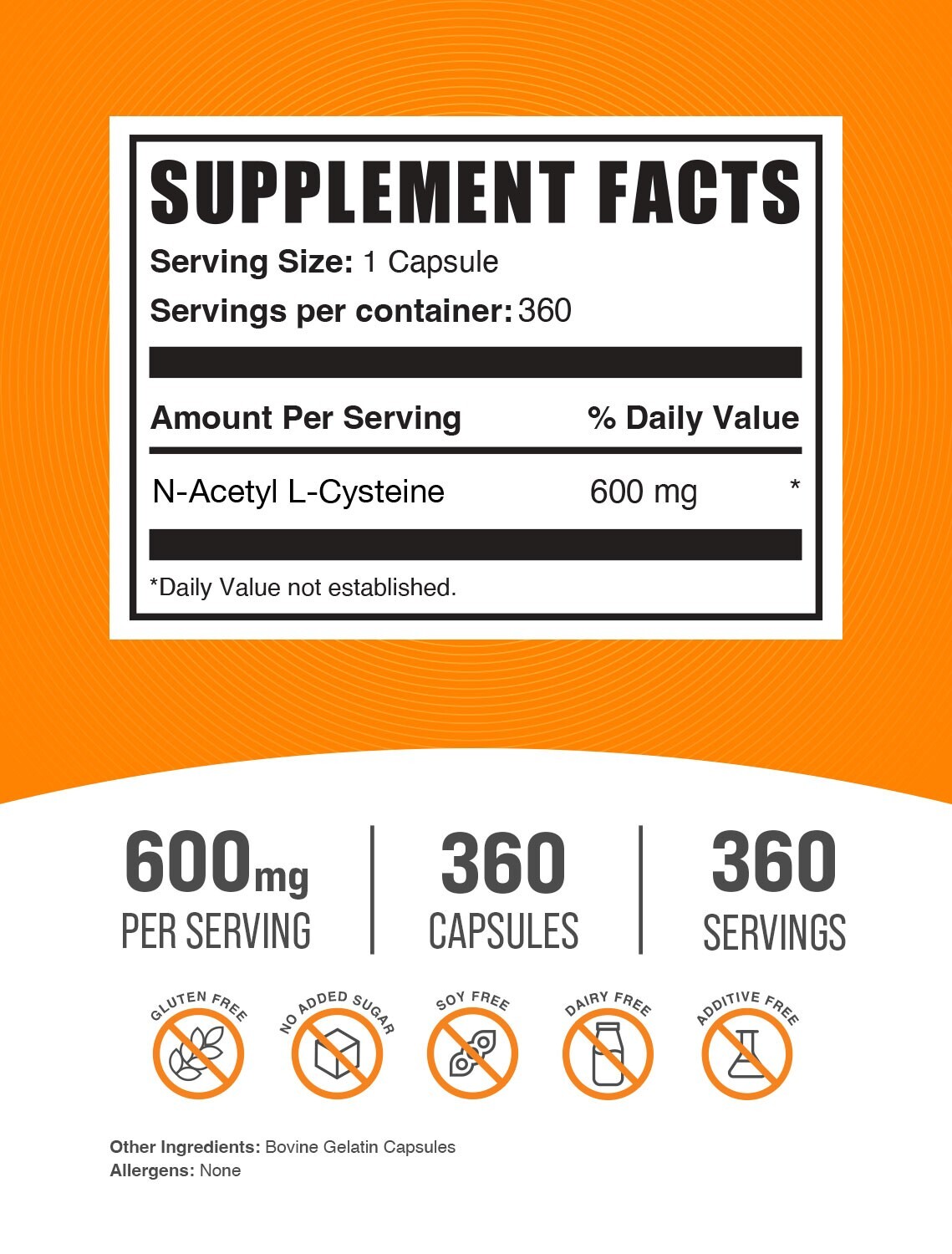 BulkSupplements N-Acetyl L-Cysteine (NAC) Capsules 360ct – 600mg Per Serving
