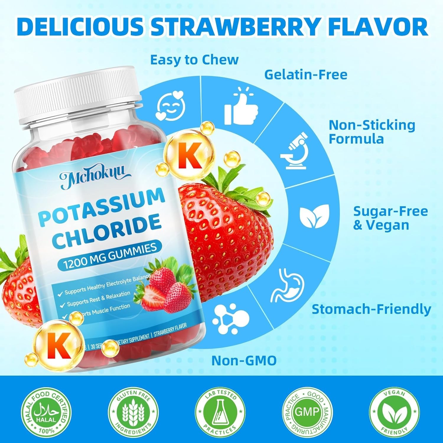 Potassium Chloride Gummies 1200mg for Adults & Kids | Sugar-Free Potassium Suppl