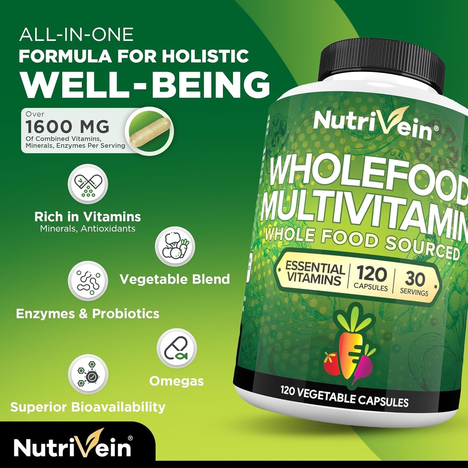 Multivitaminas diarias de alimentos integrales naturales, verduras y frutas