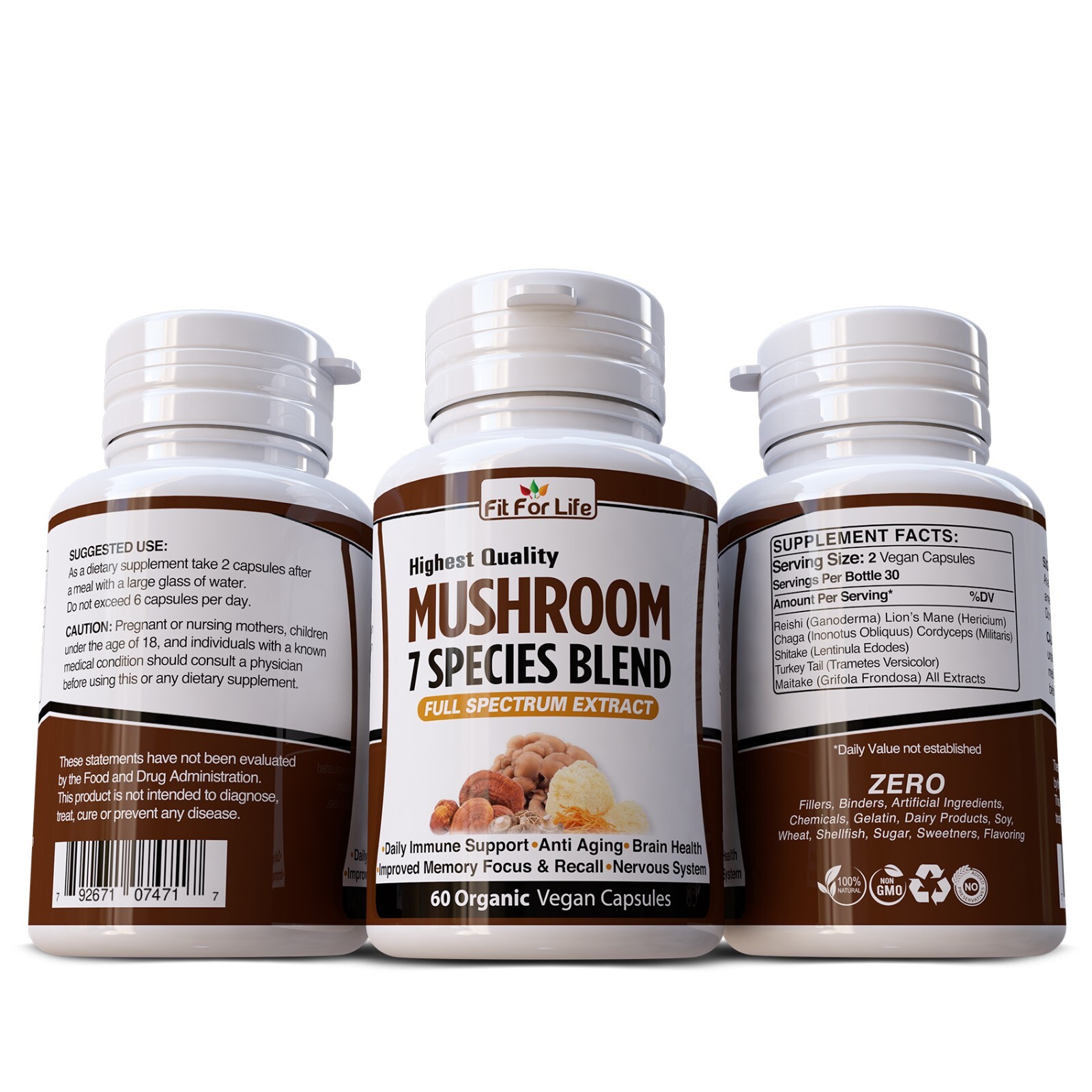 Organic Mushroom Complex 7 Blend Lions Mane Reishi Cordyceps Immune 60 Caps Lion