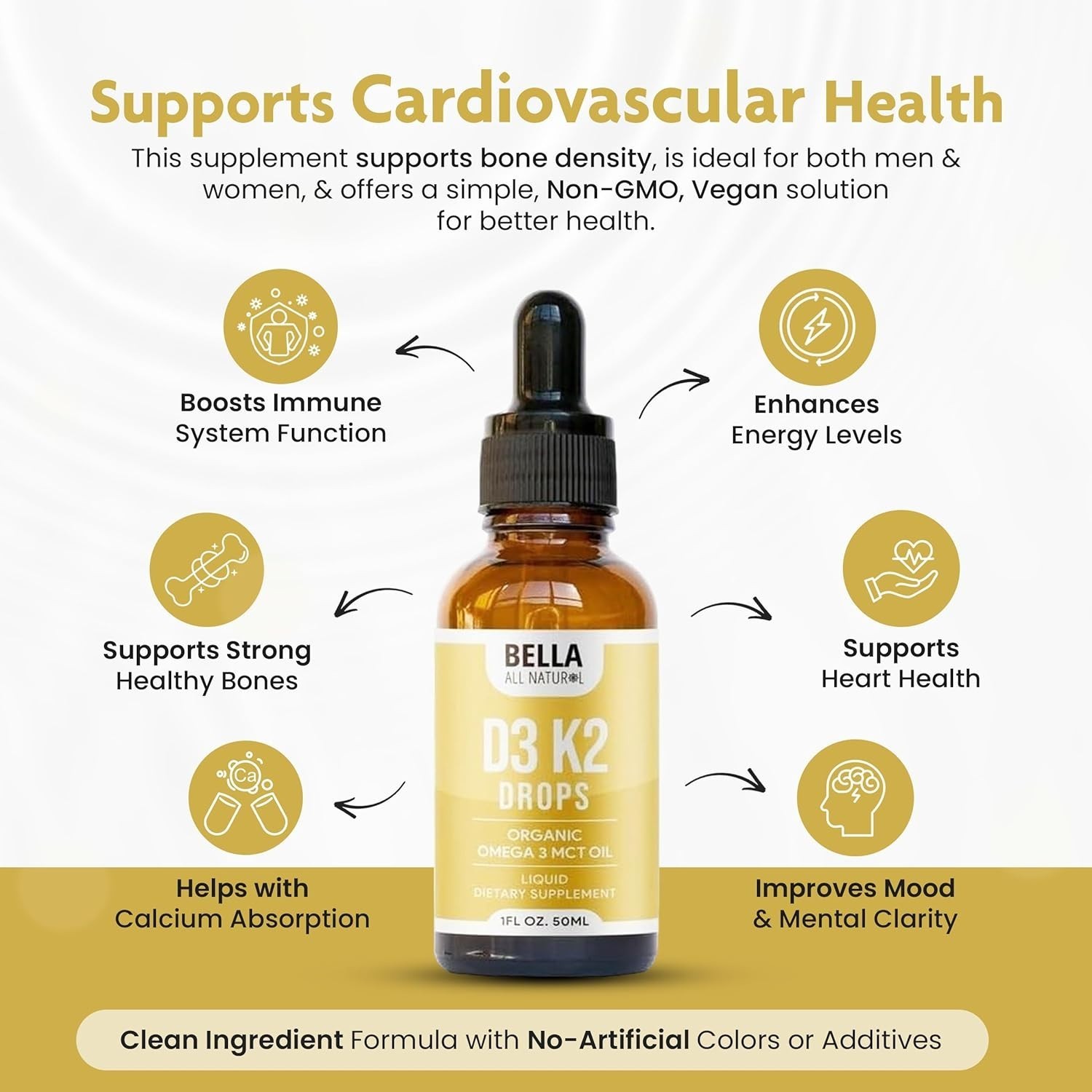 Bella Vitamin D3 K2 Liquid Drops 5000 IU Bone Immune Heart Health Supplement