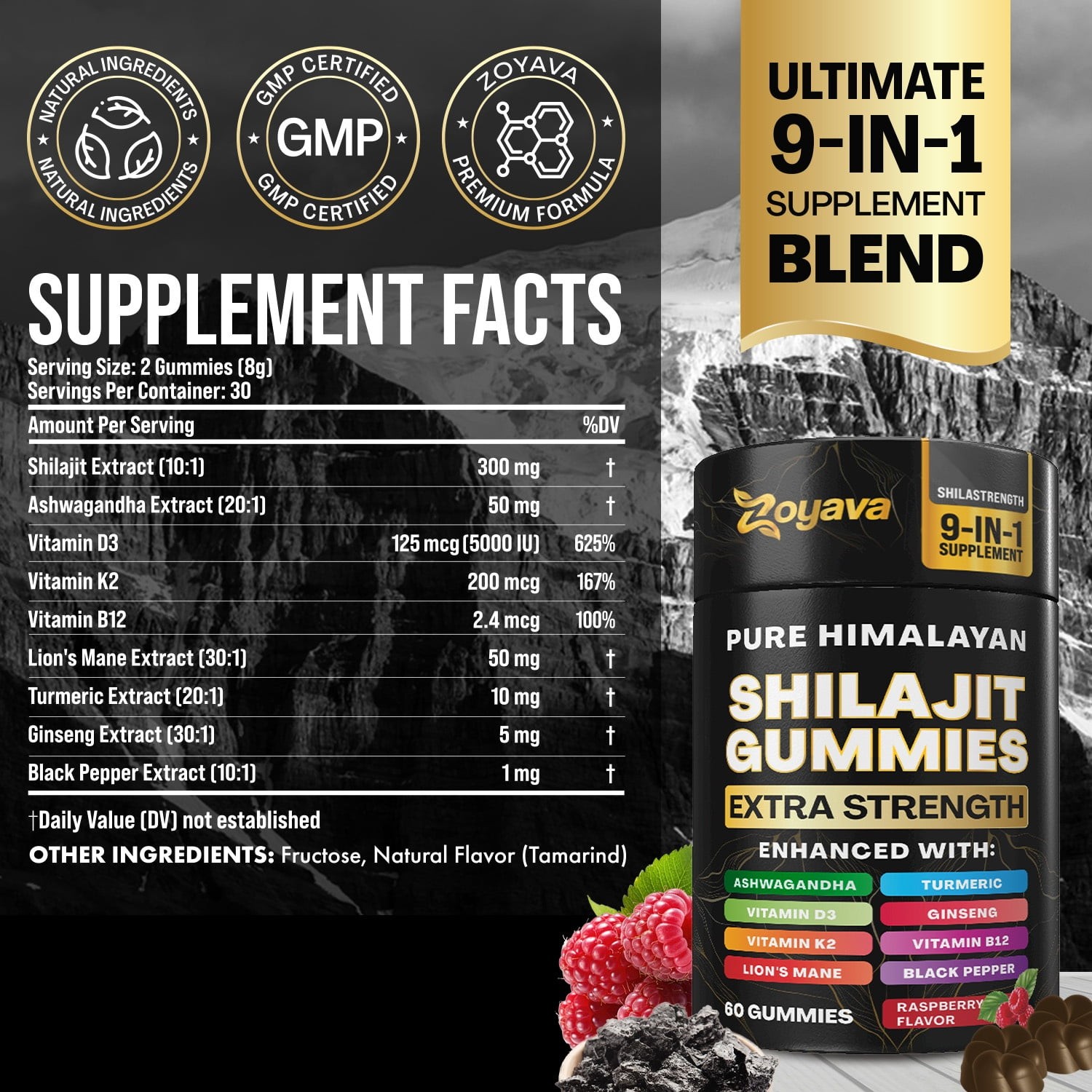 Zoyava Shilajit Gummies 2000MG Ashwagandha 1000MG Lion’s Mane 1500MG, 60 Gummies