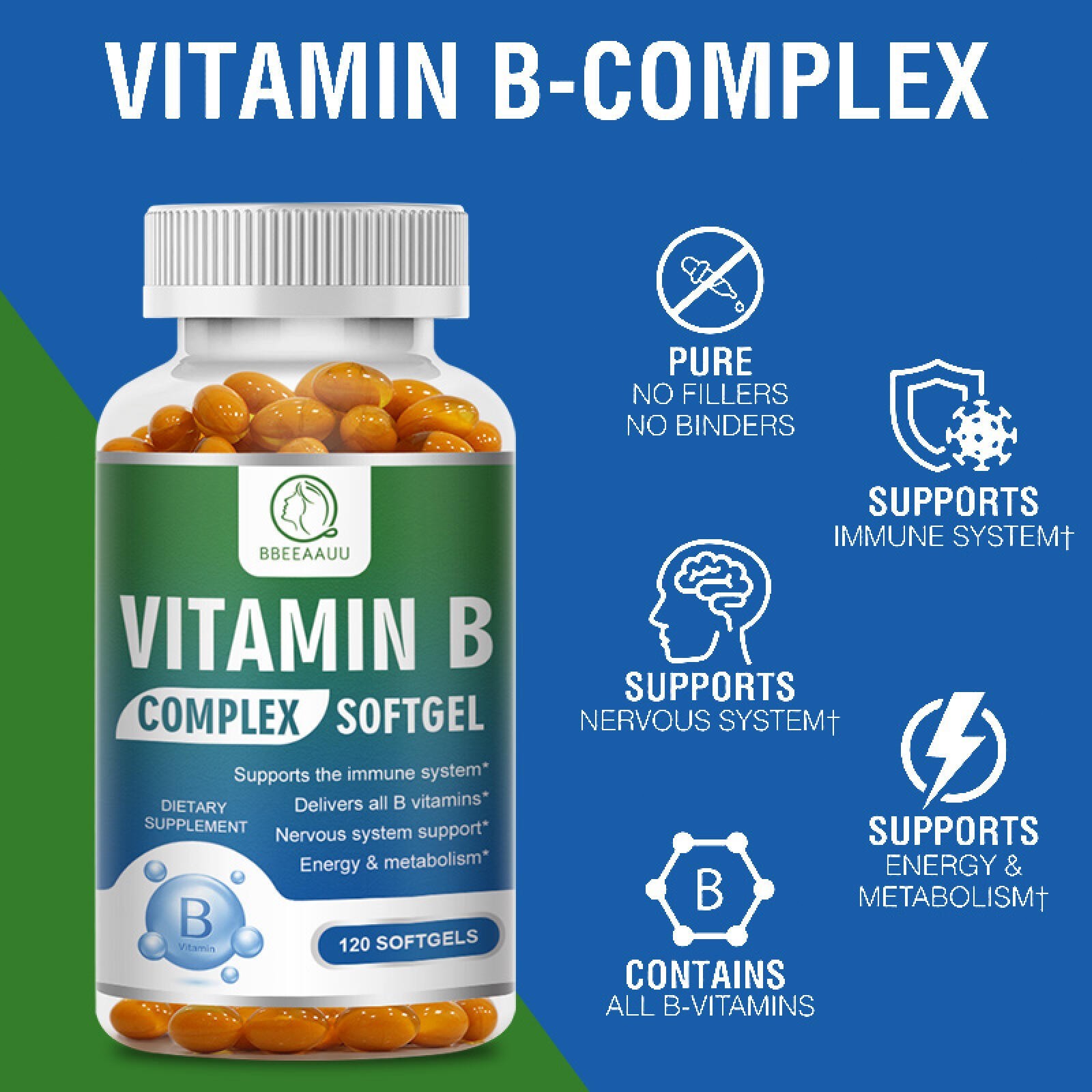 Vitamin B Complex 120 Capsules B1,B2,B3,B5,B6,B7,B9,B12, Immune Support Pills