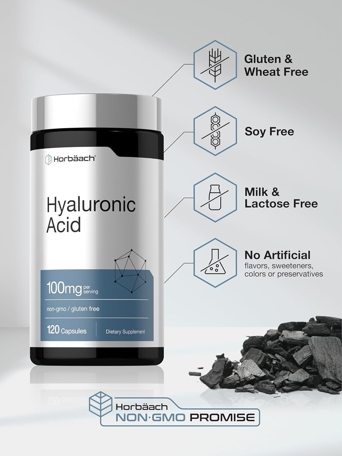 Horbäach Hyaluronic Acid Supplement | 100mg 120 Capsules | Non-GMO, Gluten Free