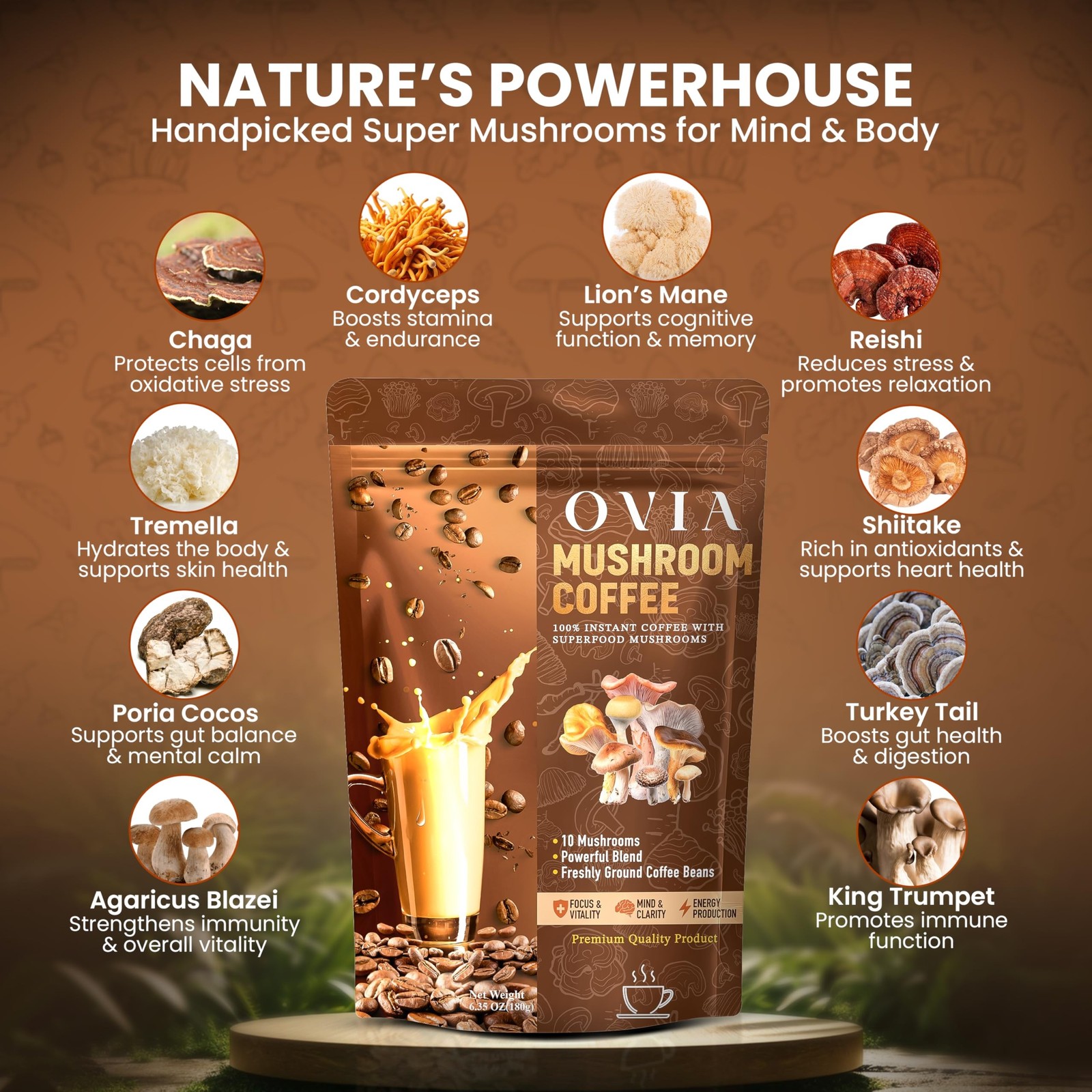 OVIA Natural 10 Mushroom Coffee with 3500mg for Weight Management, Focus & Gu…