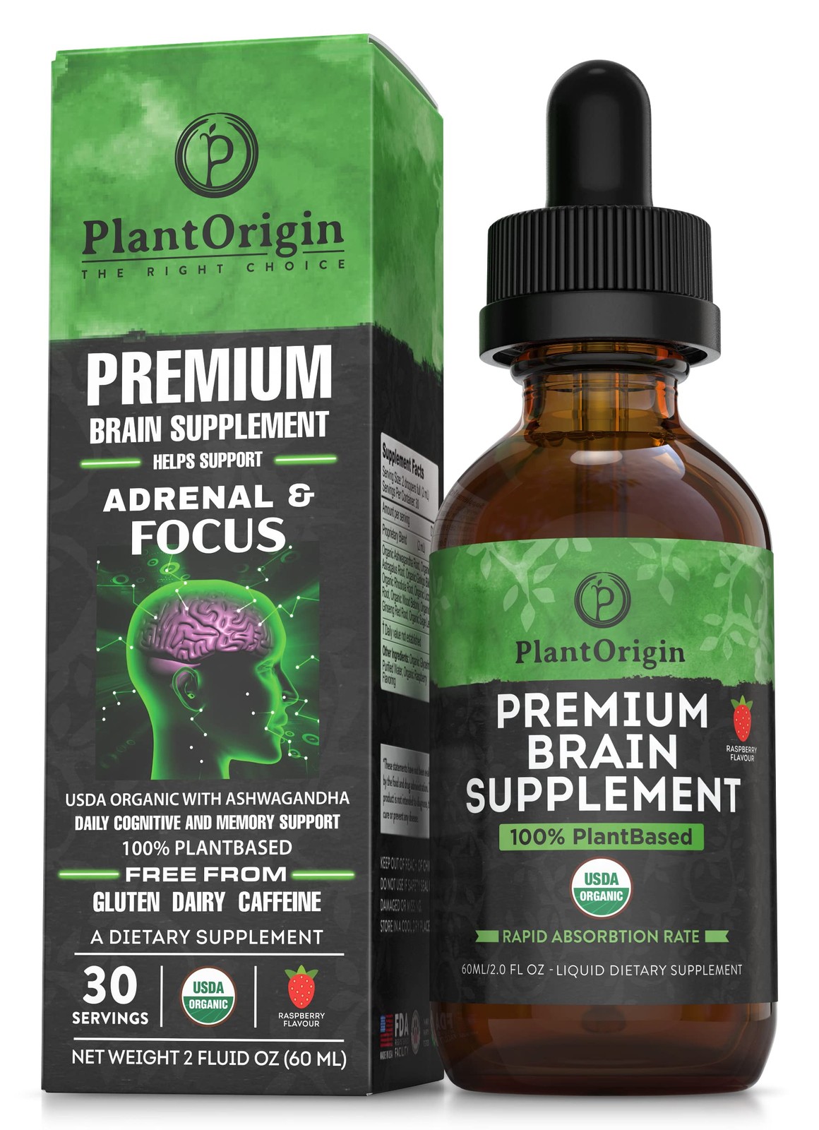 PLANTORIGIN USDA Certified Organic Brain Supplement 2 Fl Oz (Pack of 1)