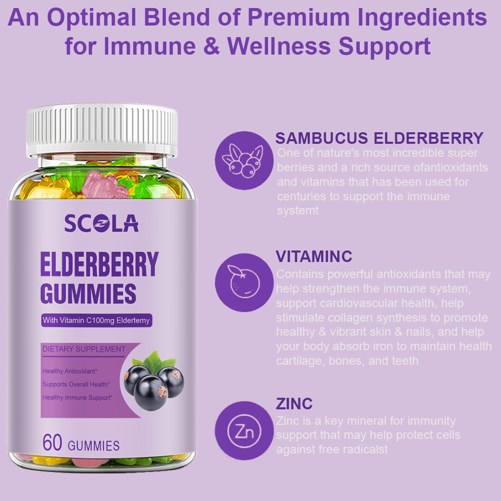 Black Elderberry Gummies Vitamin C Zinc Natural Berry Flavor Immune Boost 100MG