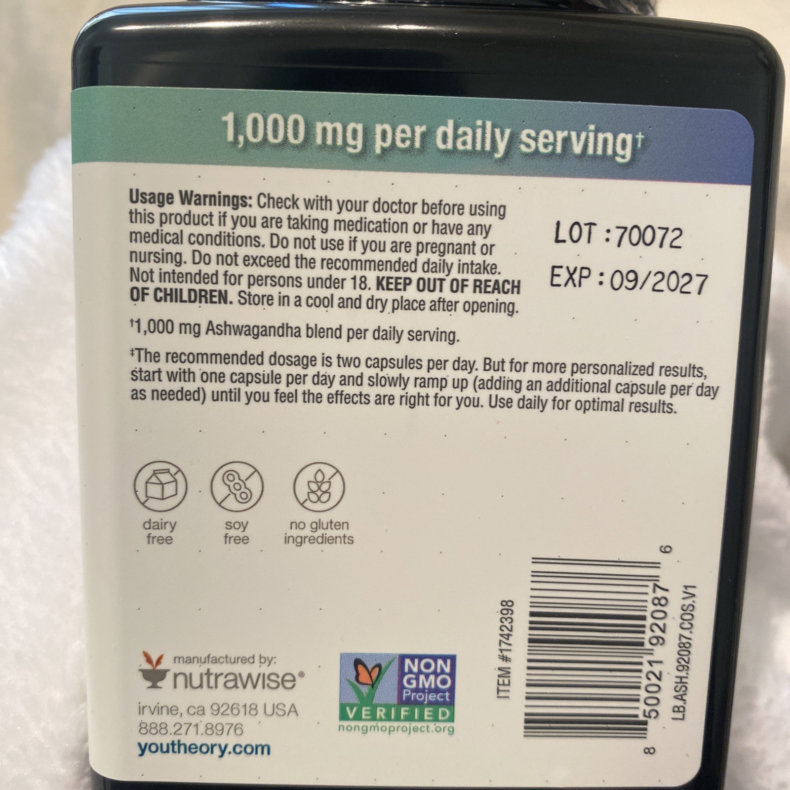Youtheory Ashwagandha 1000 mg, 180 Vegetarian Capsules Exp.09/2027