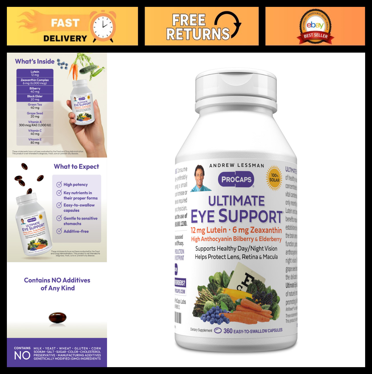Ultimate Eye Support Softgels – 360 Count, 12mg Lutein, 6mg Zeaxanthin, Bilberry