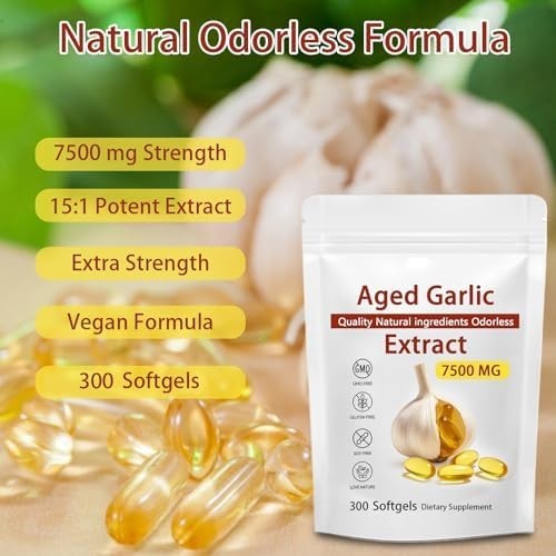 Odorless Garlic 7500mg Per Servings, 300 Softgels | 2 Years Aged Garlic Extra…