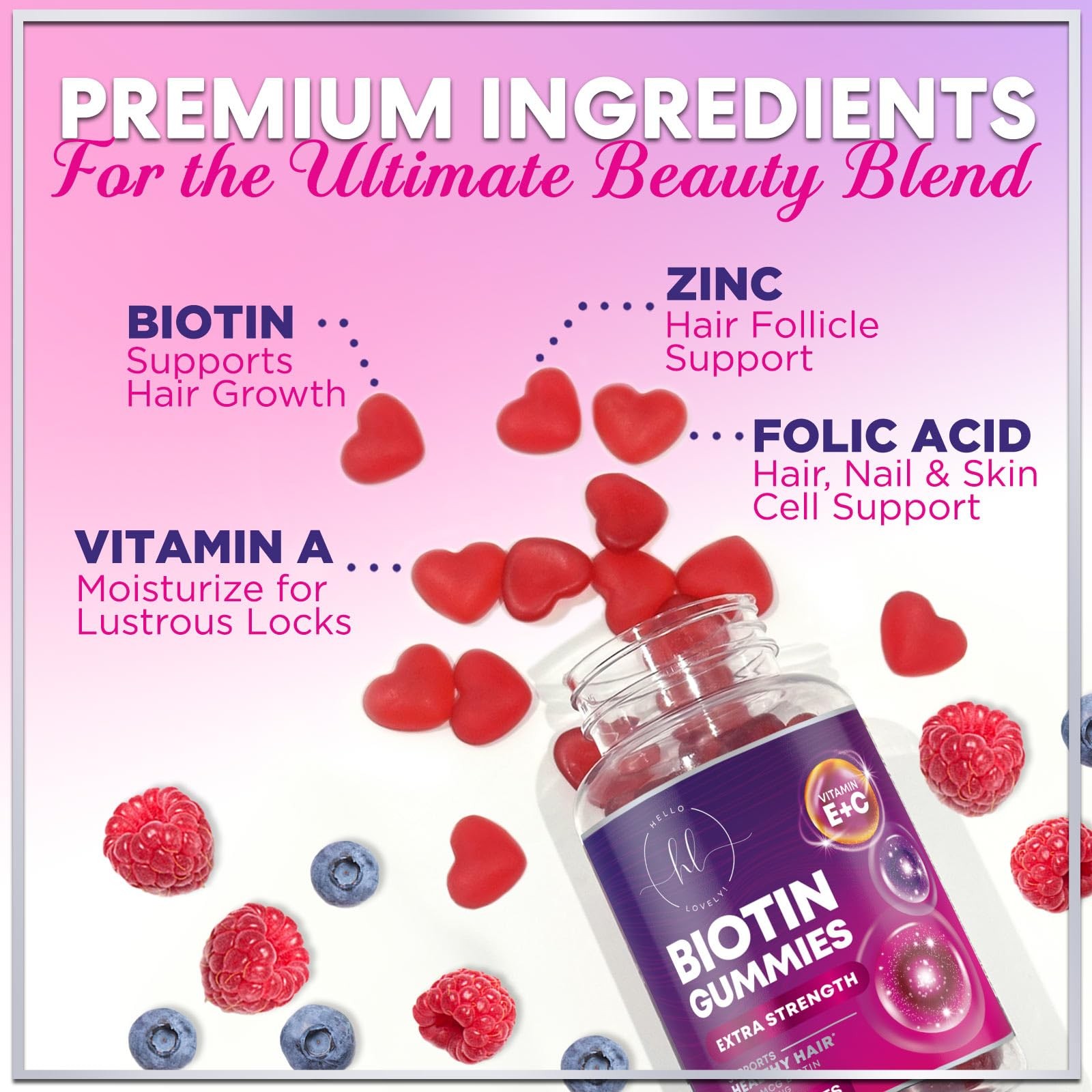 60 Gomitas De Biotina Para El Cabello Uñas y Piel 5000 mcg Con Vitaminas E y C
