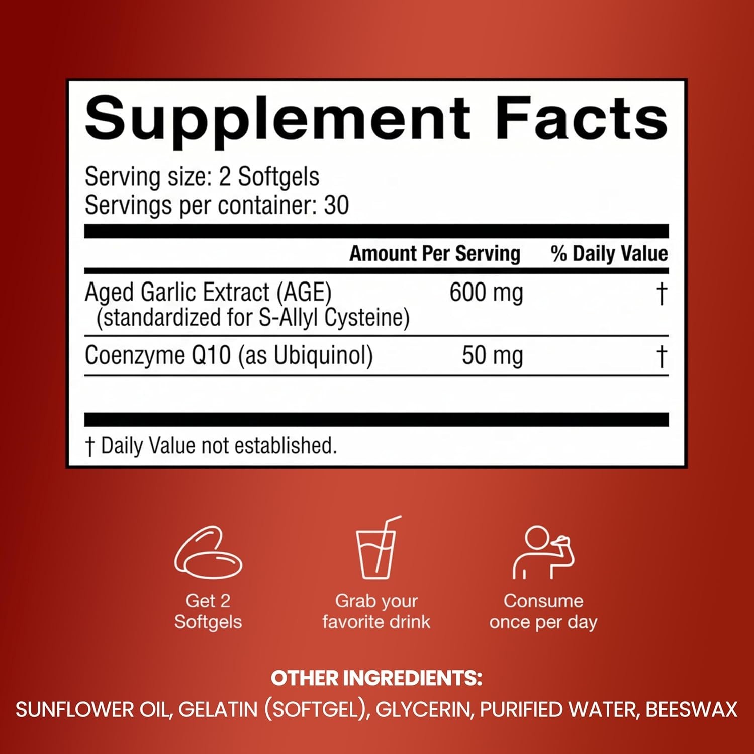 Resilia Aged Garlic Extract 600mg + CoQ10 Ubiquinol – 60 Softgels – Heart Health