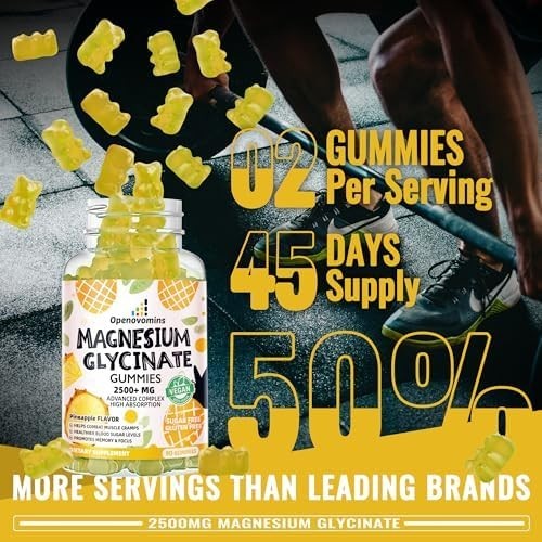 Magnesium Glycinate Gummies 2500mg – Sugar 90 Count (Pack of 1), Pineapple