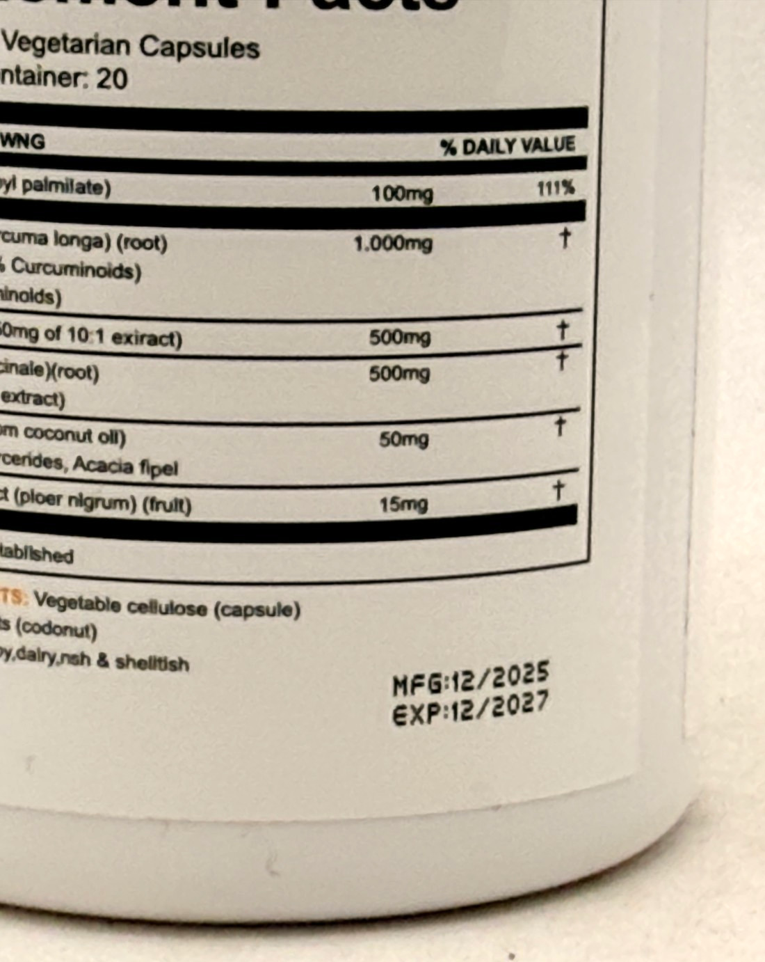 Nivelle Turmeric Curcumin 1000mg 60 Veggie Caps 95% Curcuminoids Black Pepper