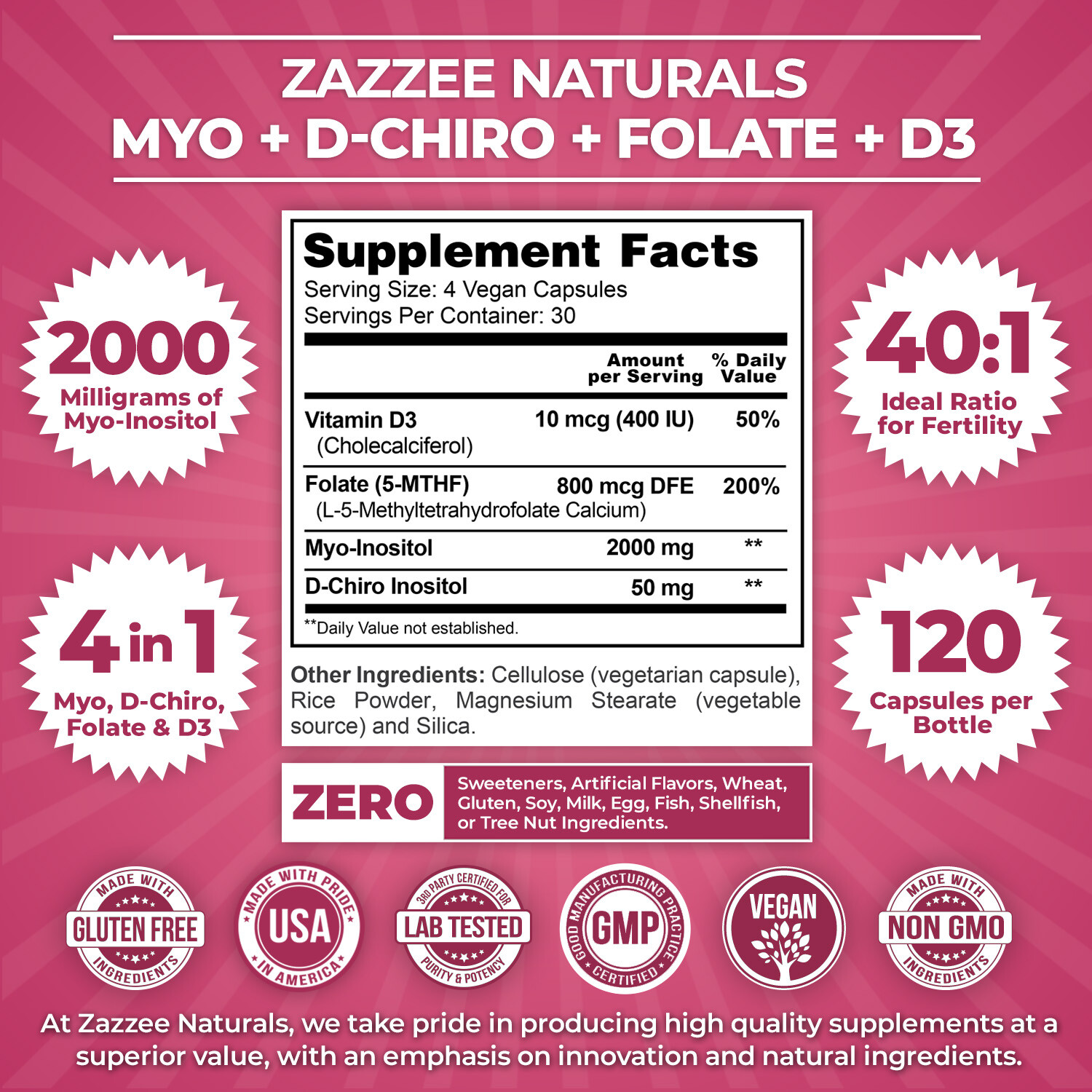Zazzee Myo-Inositol + D-Chiro, with Folate (5-MTHF) + D3, 120 Vegan Capsules