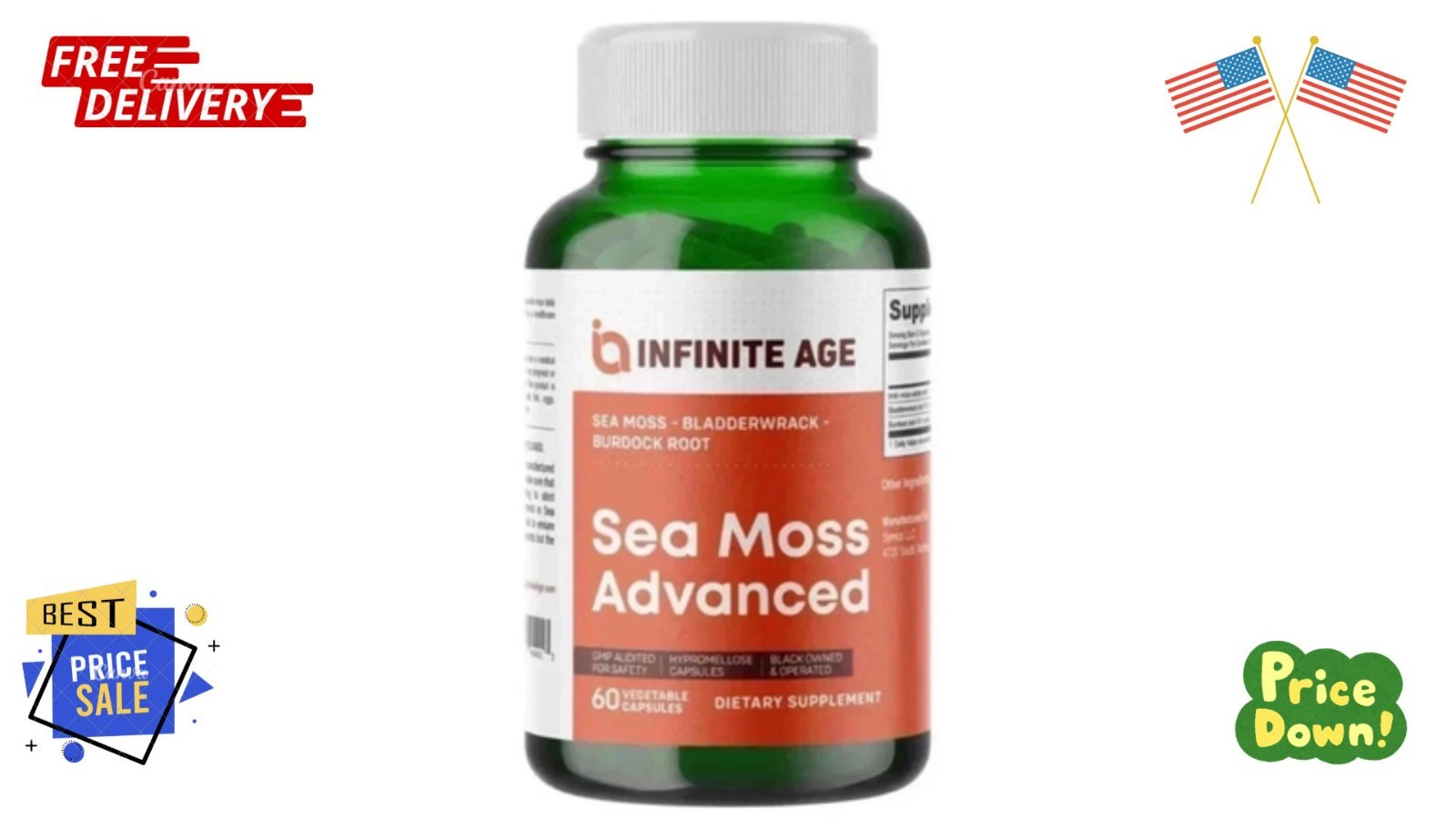 INFINITE AGE Sea Moss Advanced 1250mg Superfood, High-Potency, Vegan 60 Capsules