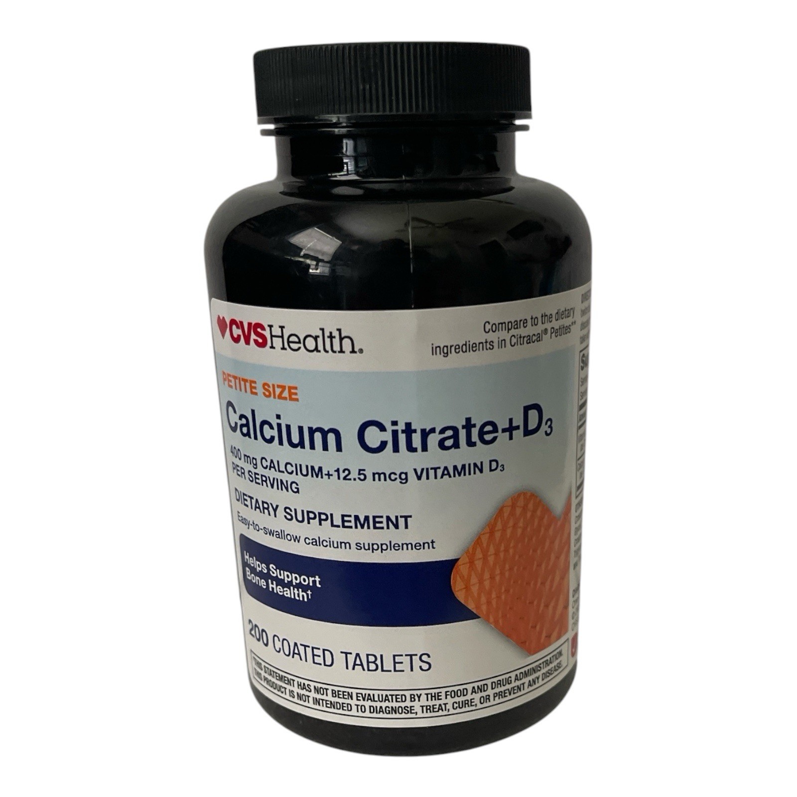 CVS Health Calcium Citrate + D3 Petite Tablets 200 Ct Gluten-Free Bone Health