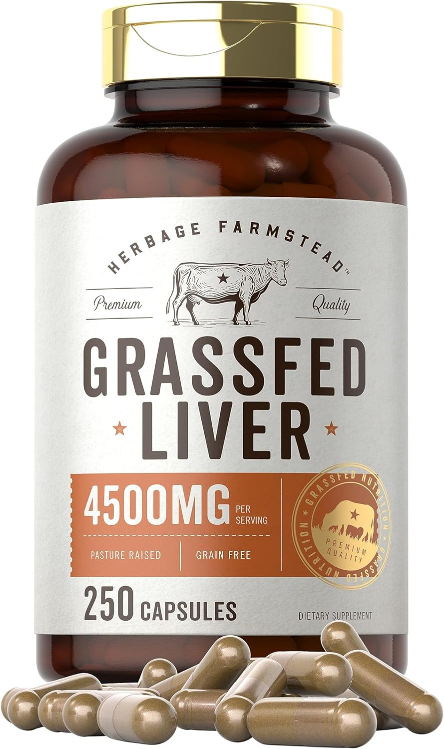 Grass Fed Beef Liver 4500Mg 250 Capsules Desiccated Supplement Non-Gmo, Gluten F