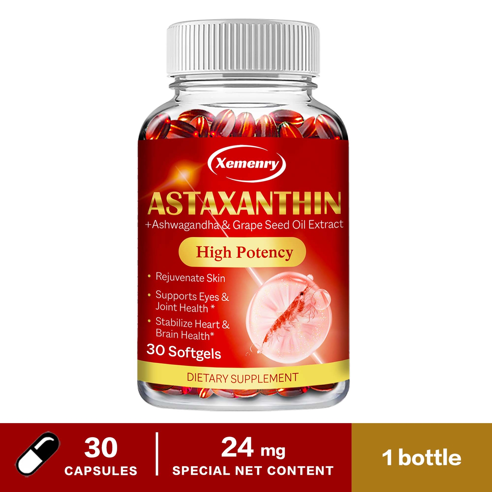 Astaxanthin 24mg Capsules – Powerful Antioxidant – with Ashwagandha Root Extract