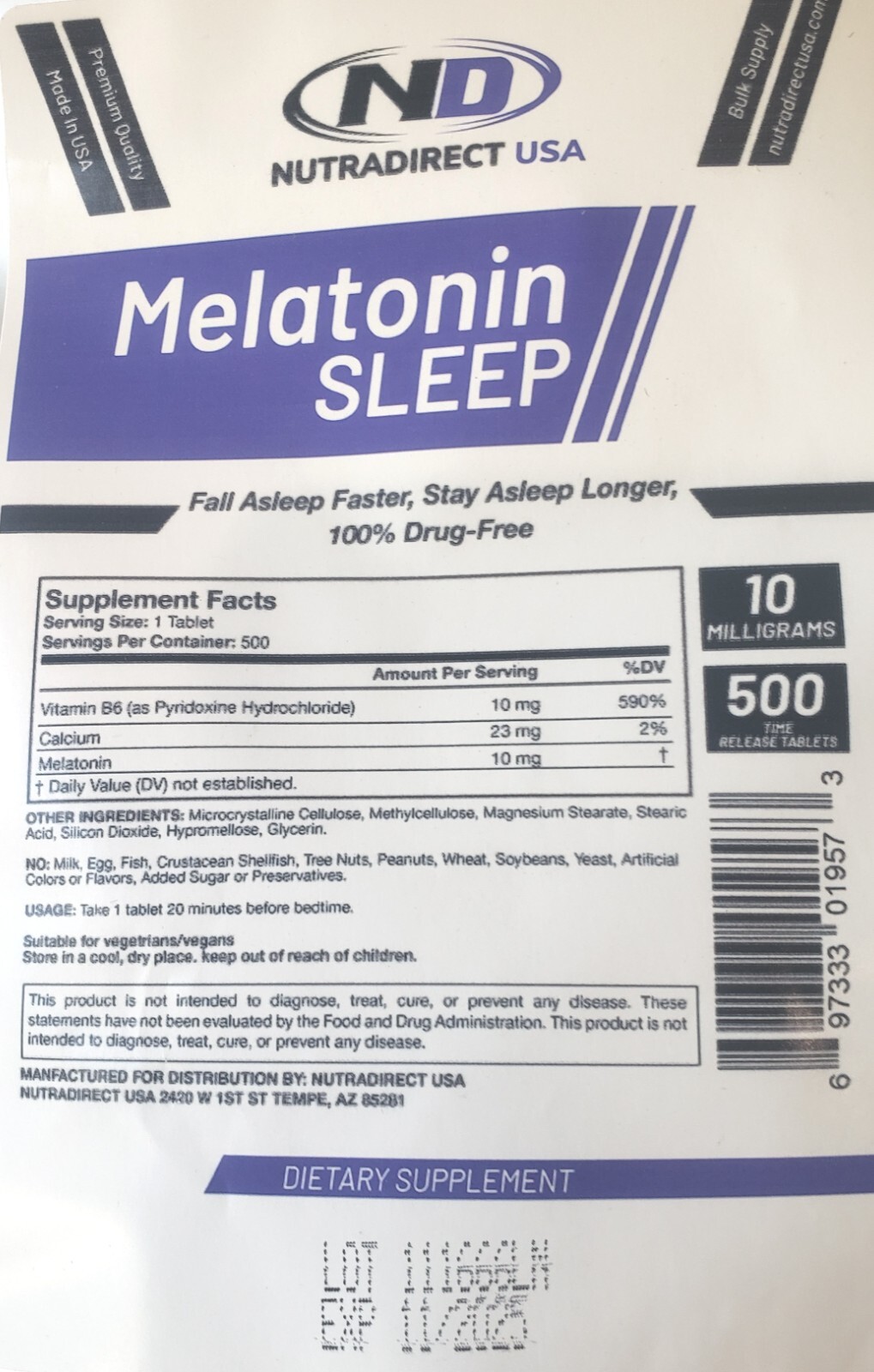 NutraDirect Melatonin 10mg TIME RELEASE Tablets – 500 Tablets EXP: MAR 2026