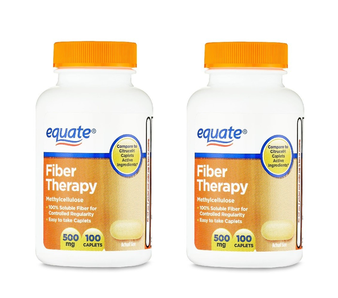 Equate Fiber Therapy Caplets 500mg Methylcellulose 100 Count Pack of 2