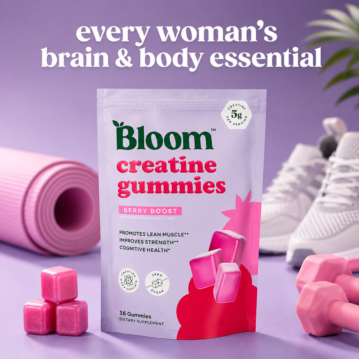Bloom Creatine Monohydrate Gummies for Women Lean Muscle Strength Brain Support