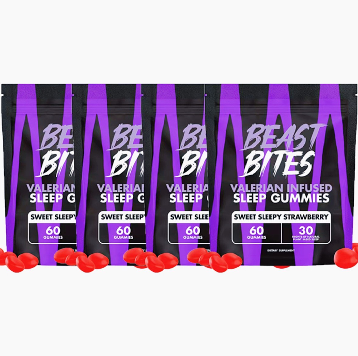 4 bags Beast Bites Herbal Sleep Gummies Sweet Sleepy Strawberry Plant Based 60 G