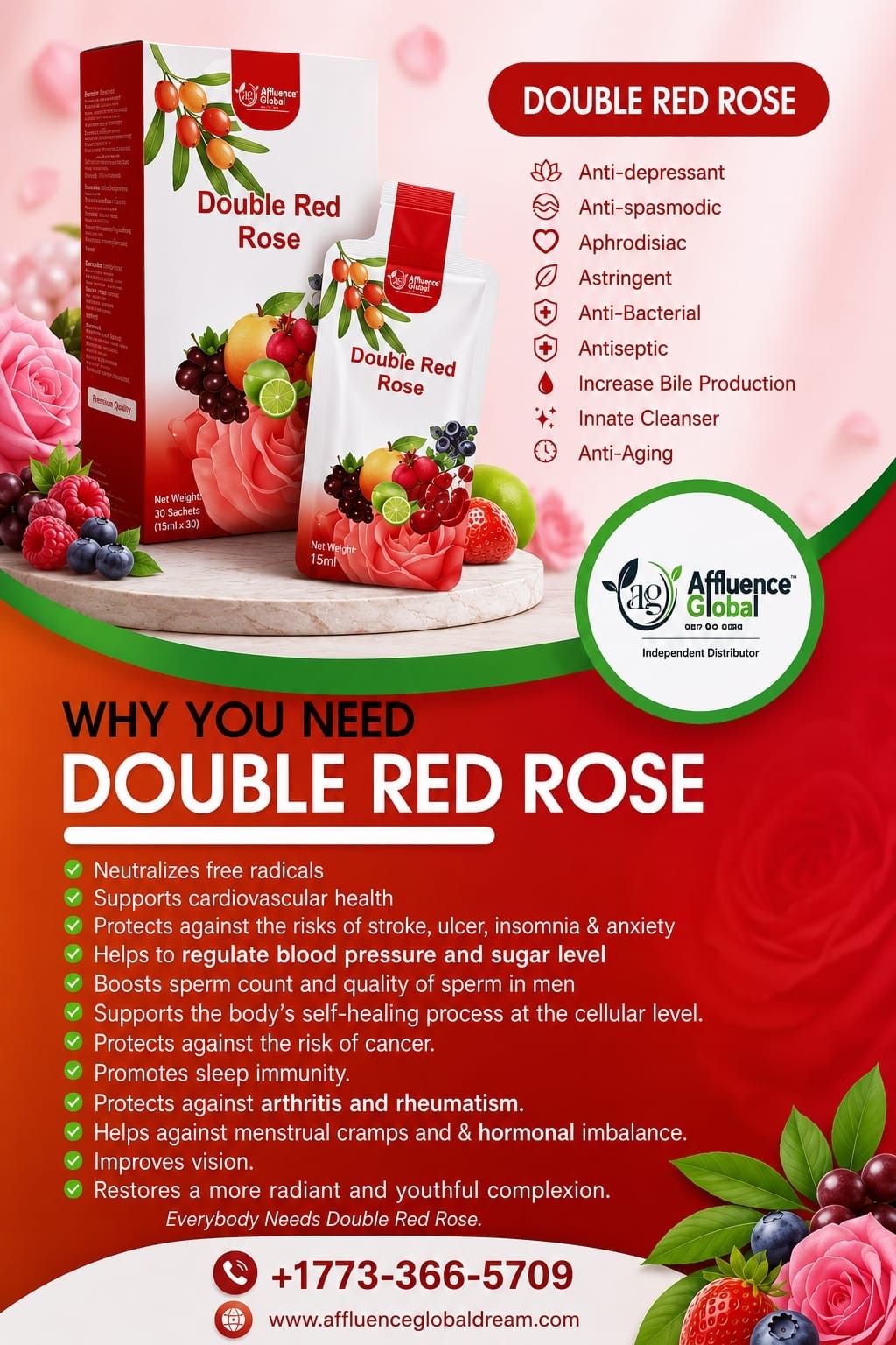 Affluence Global CelGen12 Double Red Rose Immune Support 15x10ml Sachets