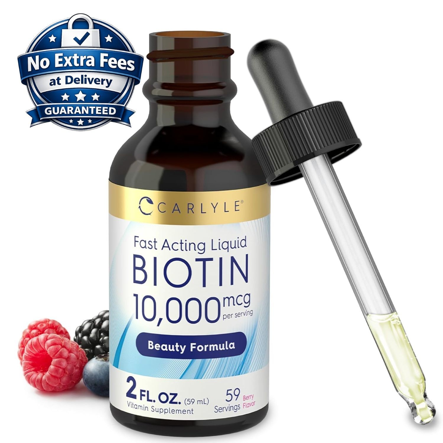 Biotin Liquid Drops 10,000 mcg | Vitamin B7 Fast Acting Berry Flavor 2 fl oz