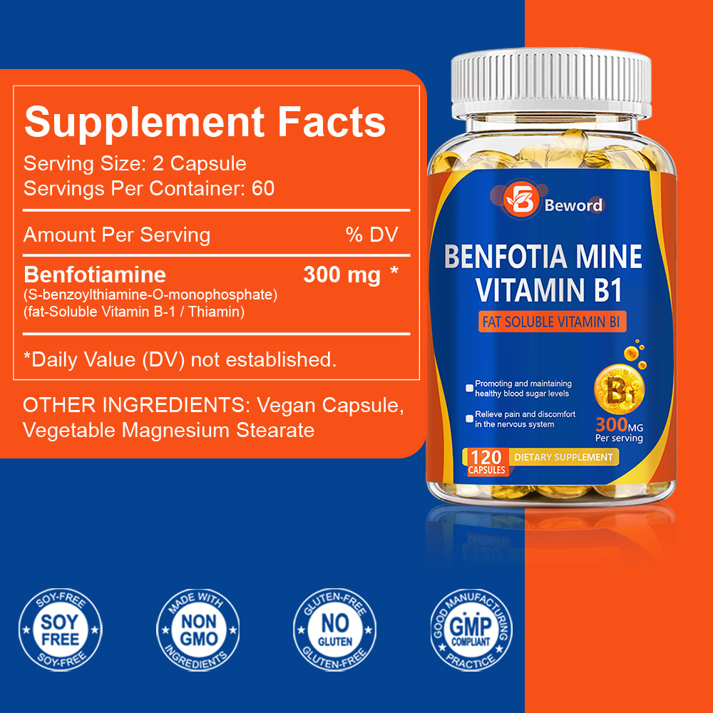 Benfotiamine 300mg 120Caps Vitamin B1 Benfotiamine Thiamine Fat-Soluble