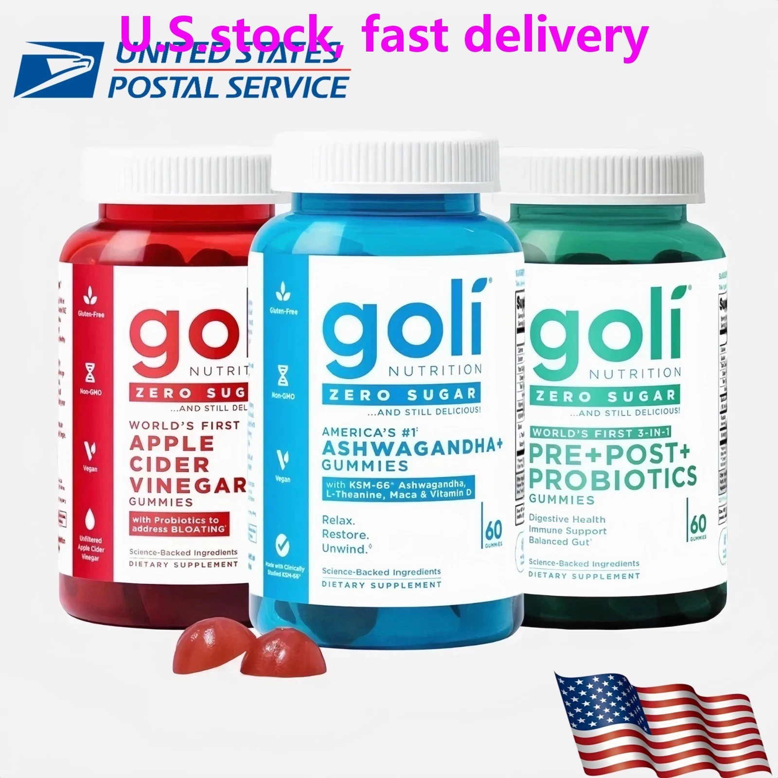 3 Bottles Goli Zero Sugar Best Seller Trio Set Gummies, 60 Counts Per Bottle