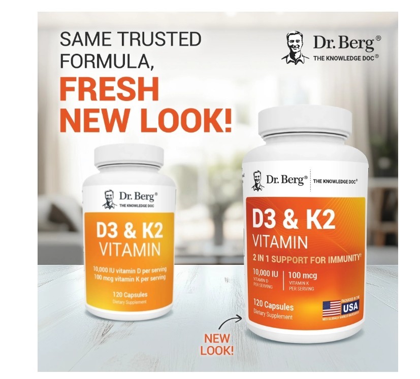 Dr. Berg’s D3 & K2 Vitamin, 2 PACK, 10,000 IU, 100 mcg per serving, 120 Capsules
