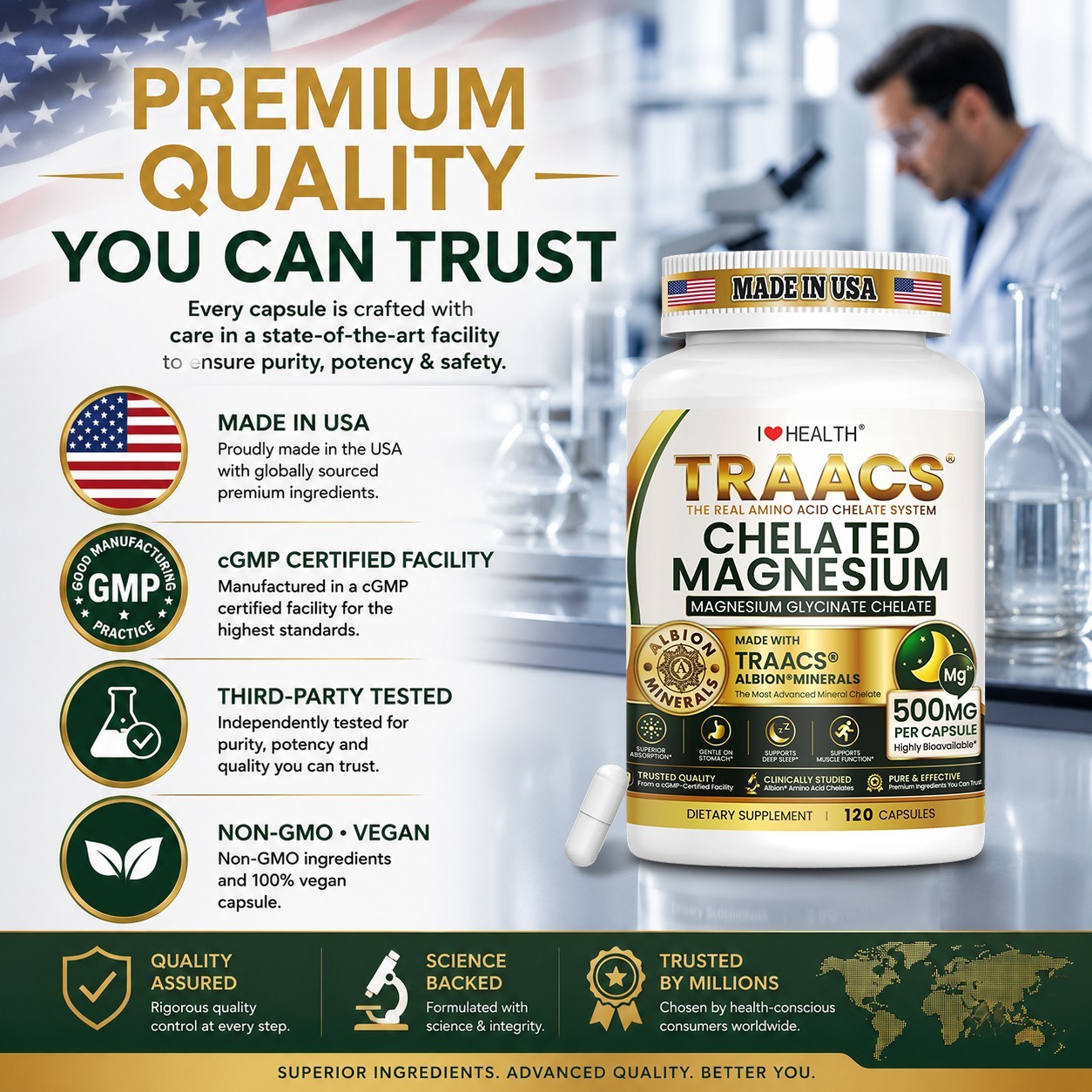 Magnesium Glycinate 500mg, 240 Veggie Capsules | Chelated for Easy Absorption