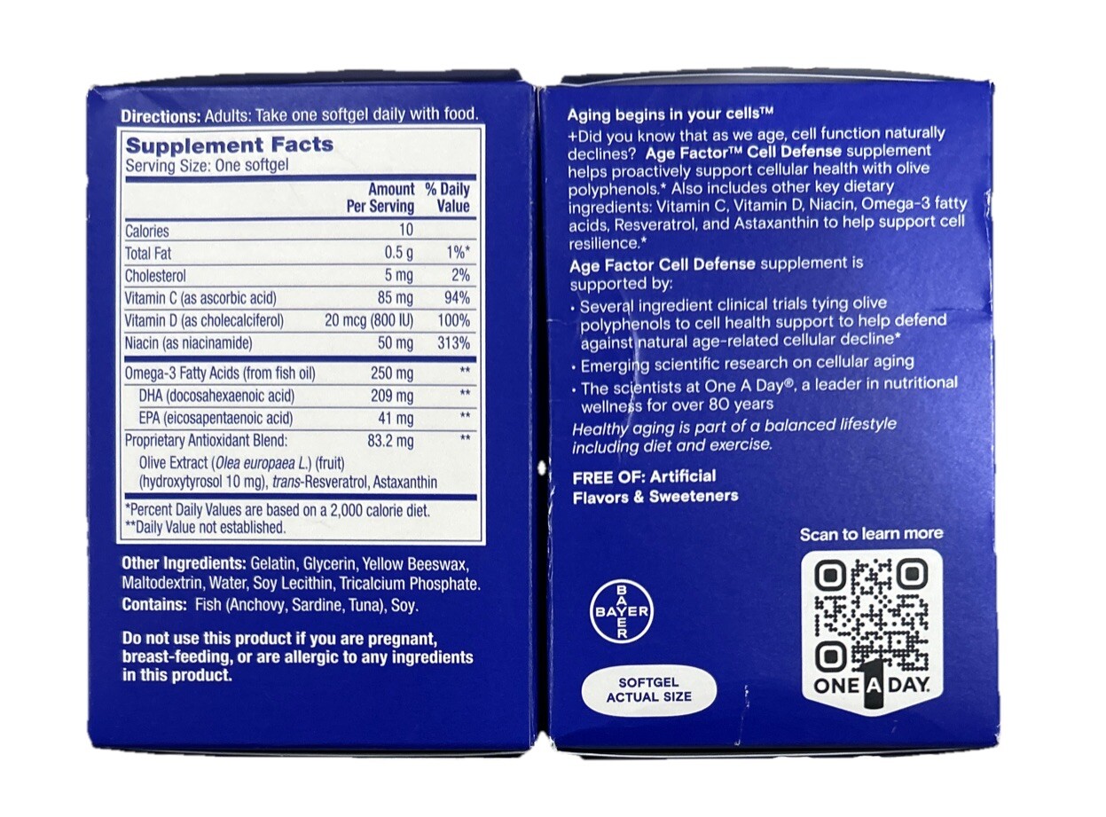 2 Pack One A Day Age Factor Cell Defense Supplement 30 Softgels Exp 02/26
