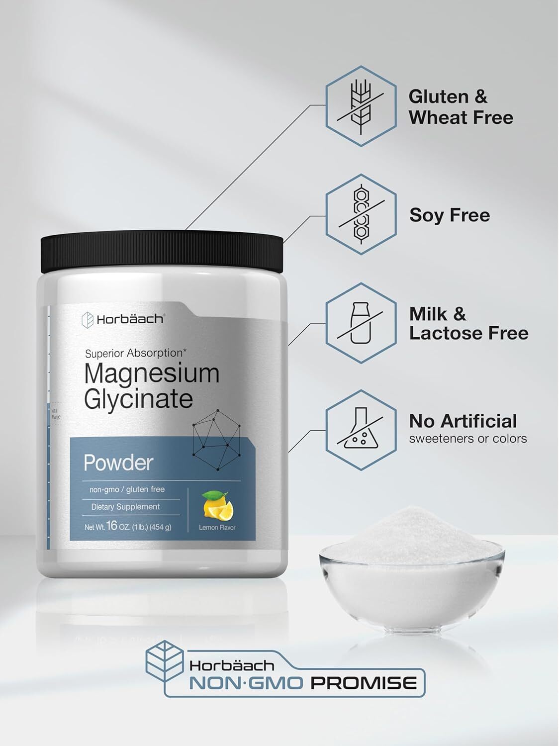 Magnesium Glycinate Powder 1 lb | Lemon Flavor, Non-GMO | by Horbaach